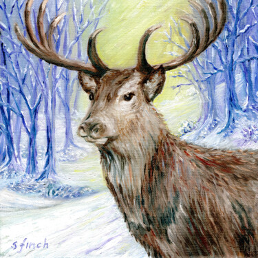 Painting titled "Spirit of Stag" by Sonia Finch, Original Artwork, Oil Mounted on Wood Stretcher frame