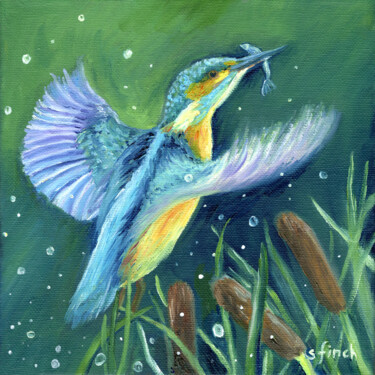 Malarstwo zatytułowany „Spirit of Kingfisher” autorstwa Sonia Finch, Oryginalna praca, Olej Zamontowany na Drewniana rama no…