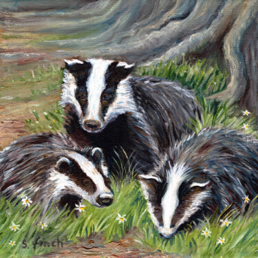 「Spirit of Badger」というタイトルの絵画 Sonia Finchによって, オリジナルのアートワーク, オイル ウッドストレッチャーフレームにマウント