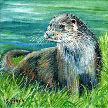 Painting titled "'Spirit of Otter'" by Sonia Finch, Original Artwork, Oil Mounted on Wood Stretcher frame