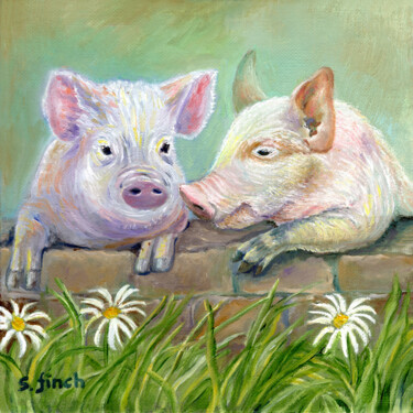 Painting titled "Spirit of Pig" by Sonia Finch, Original Artwork, Oil Mounted on Wood Stretcher frame