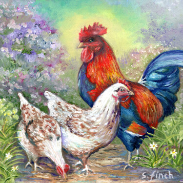 Painting titled "Spirit of Chicken" by Sonia Finch, Original Artwork, Oil Mounted on Wood Stretcher frame