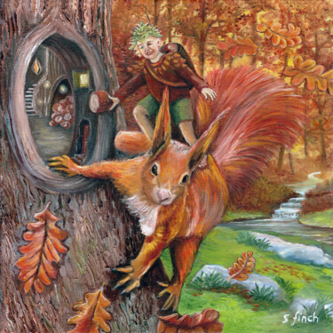 Painting titled "Autumn Chestnut Elf" by Sonia Finch, Original Artwork, Oil Mounted on Wood Stretcher frame