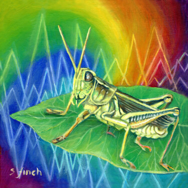 「Spirit of Grasshopp…」というタイトルの絵画 Sonia Finchによって, オリジナルのアートワーク, オイル ウッドストレッチャーフレームにマウント