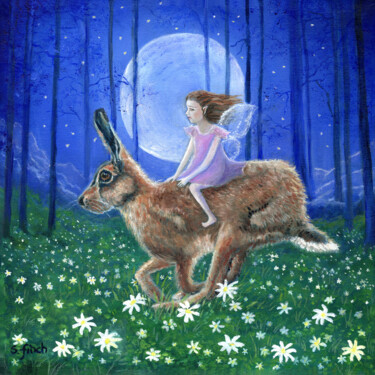 Картина под названием "Spring Moon Hare Fa…" - Sonia Finch, Подлинное произведение искусства, Масло Установлен на Деревянная…