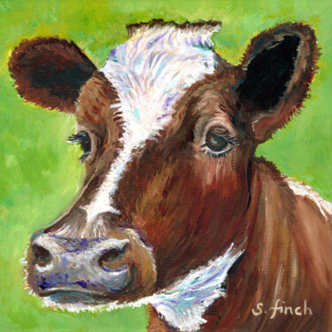 Painting titled "Spirit of Cow - Ayr…" by Sonia Finch, Original Artwork, Oil Mounted on Wood Stretcher frame