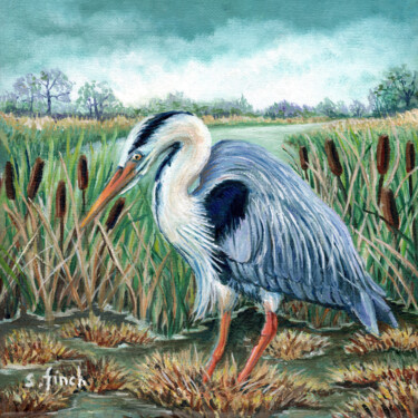 Peinture intitulée "Spirit of Heron" par Sonia Finch, Œuvre d'art originale, Huile Monté sur Châssis en bois