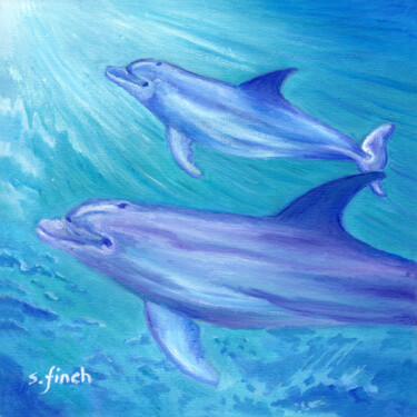 Ζωγραφική με τίτλο "Spirit of Dolphin" από Sonia Finch, Αυθεντικά έργα τέχνης, Λάδι Τοποθετήθηκε στο Ξύλινο φορείο σκελετό