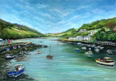 Painting titled "Looe Estuary" by Sonia Finch, Original Artwork, Oil Mounted on Wood Stretcher frame