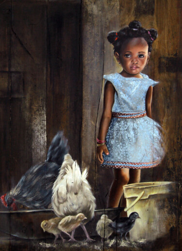 Peinture intitulée "Fillette aux poules…" par Sonia Privat, Œuvre d'art originale, Huile