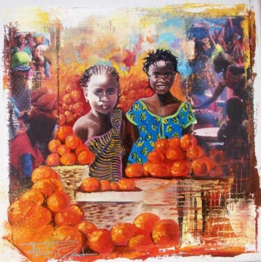 Peinture intitulée "Fillettes aux orang…" par Sonia Privat, Œuvre d'art originale, Huile