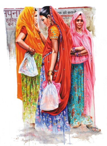 Painting titled "Marché à Agra" by Sonia Privat, Original Artwork, Oil