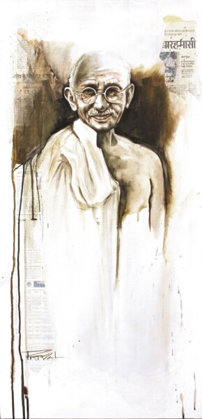 Peinture intitulée "Gandhi, non-violent…" par Sonia Privat, Œuvre d'art originale, Huile