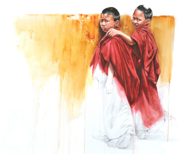 Peinture intitulée "Deux moinillons à B…" par Sonia Privat, Œuvre d'art originale, Aquarelle