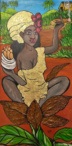 Schilderij getiteld "La flor del tabaco" door Sonia Weber (Sonia la Cubana), Origineel Kunstwerk, Acryl Gemonteerd op Frame…
