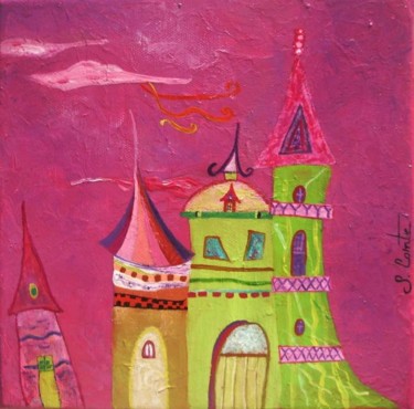 Peinture intitulée "Maisons vertes roses" par Sonia Comte, Œuvre d'art originale