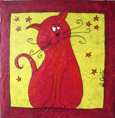 Peinture intitulée "Chat rouge étoiles" par Sonia Comte, Œuvre d'art originale