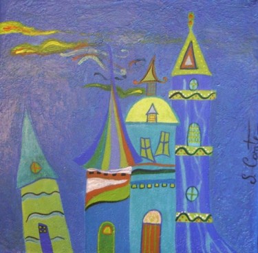 Peinture intitulée "Maisons bleues-vert…" par Sonia Comte, Œuvre d'art originale