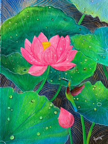 Painting titled "Lotus and humming b…" by Amita Dand, Original Artwork, Acrylic