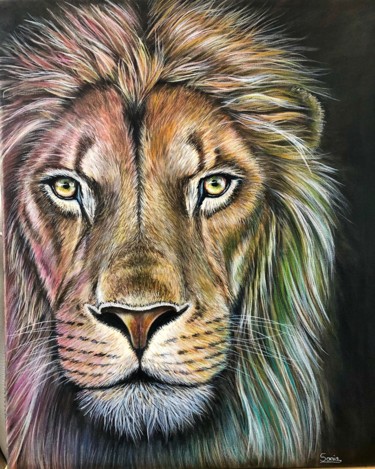Painting titled "Lion" by Sonia Marcel, Original Artwork, Acrylic Mounted on Wood Stretcher frame