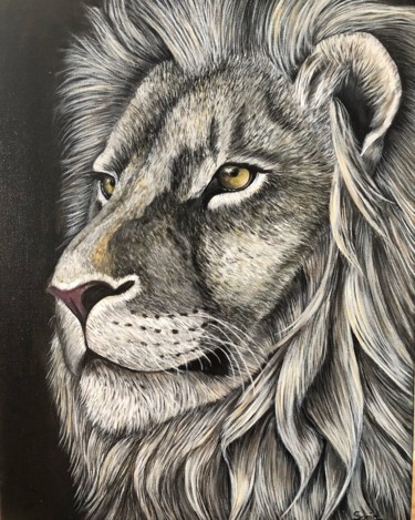 Painting titled "Lion noir et blanc" by Sonia Marcel, Original Artwork, Acrylic Mounted on Wood Stretcher frame