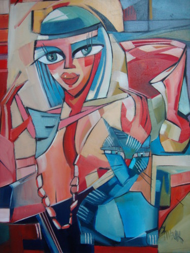 Pintura titulada "A LADY WITH A BLUE…" por Sonja Brzak, Obra de arte original, Oleo