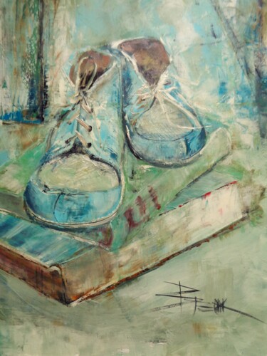Painting titled "OLD BLUE SHOES" by Sonja Brzak, Original Artwork, Oil
