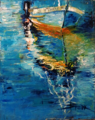 Painting titled "BLUE BOAT" by Sonja Brzak, Original Artwork, Oil