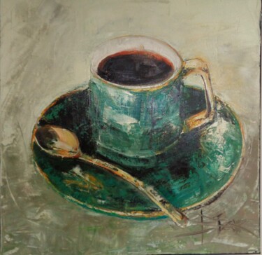 Schilderij getiteld "MORNING COFFIE!" door Sonja Brzak, Origineel Kunstwerk, Olie