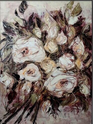 Painting titled "WHITE ROSES" by Sonja Brzak, Original Artwork, Oil