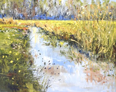 Painting titled "Spring field" by Sonja Brussen, Original Artwork, Oil