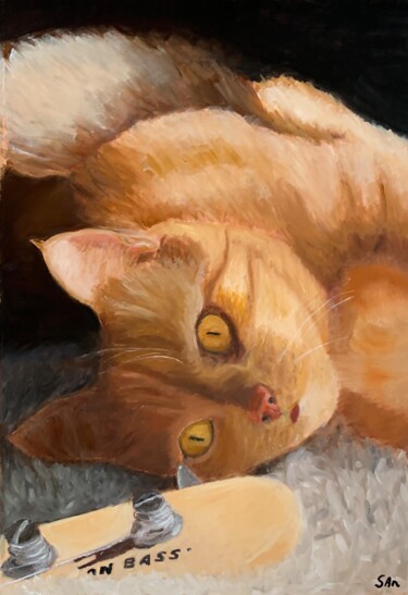 Pittura intitolato "Cat with bass" da Sonny Andersson, Opera d'arte originale, Olio