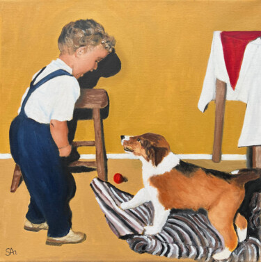 Pintura titulada "Playing with my pup…" por Sonny Andersson, Obra de arte original, Oleo