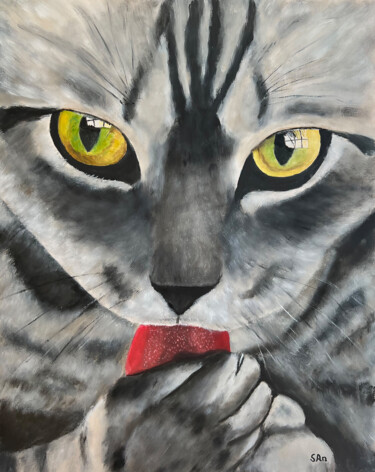 Pintura intitulada "Cat licks its paw" por Sonny Andersson, Obras de arte originais, Óleo
