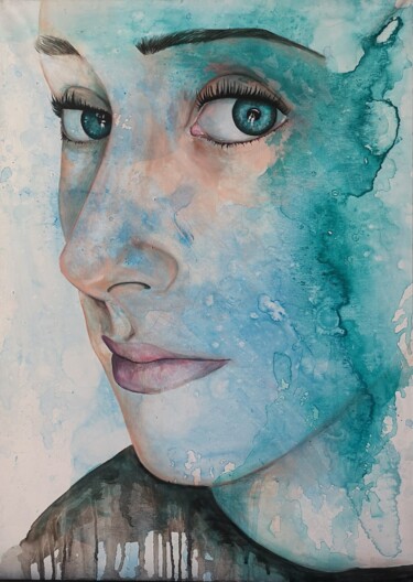 Картина под названием "Portrait in blue #3" - Sonny Insinna, Подлинное произведение искусства, Чернила