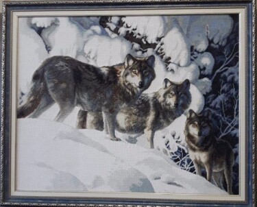 Sztuka tkaniny zatytułowany „Волчья Стая” autorstwa Sonyatko, Oryginalna praca, Haft Zamontowany na Drewniana rama noszy