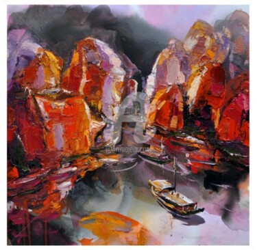 Painting titled "red purple halong b…" by Soon Lai Wai, Original Artwork, Oil
