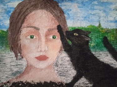 Картина под названием "Автопортрет с кошкой" - Софья Тютюнникова, Подлинное произведение искусства, Масло