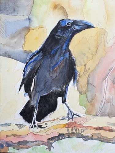 Painting titled "Le corbeau" by Sophie Ackermann, Original Artwork, Watercolor