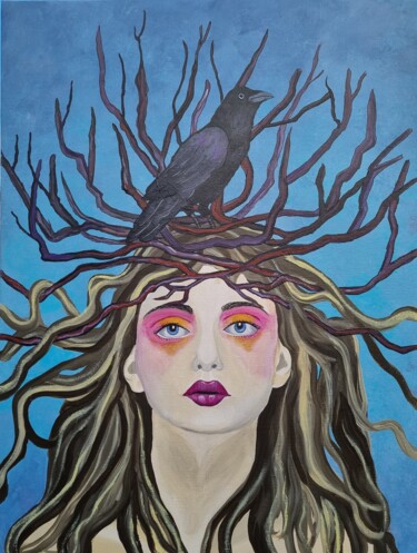 Peinture intitulée "La dame au corbeau" par Sophie Ackermann, Œuvre d'art originale, Acrylique