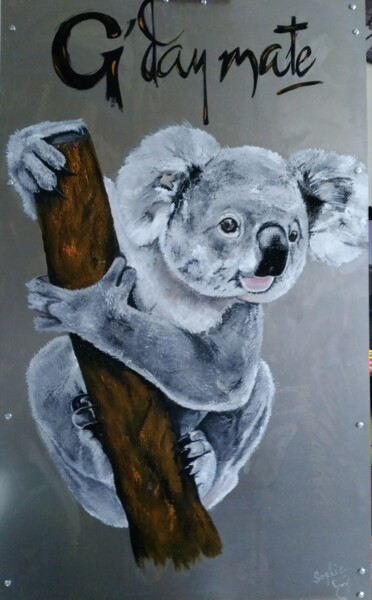 Painting titled "Good Day Mat Koala" by Sophie Baret, Original Artwork, Oil Mounted on Wood Stretcher frame