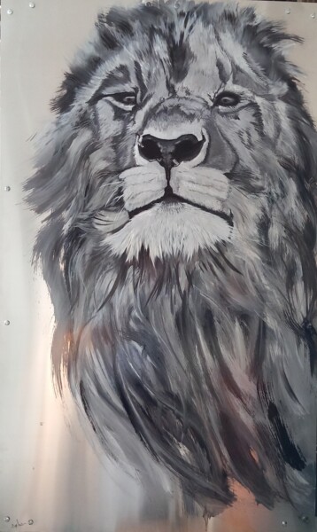 Painting titled "Vieux Lion" by Sophie Baret, Original Artwork, Oil Mounted on Wood Stretcher frame