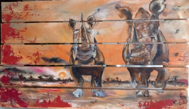 Peinture intitulée "Les 2 Rhinos" par Sophie Baret, Œuvre d'art originale, Huile