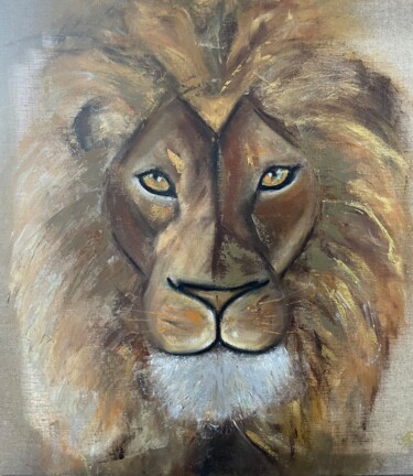 Painting titled "LE ROI LION 🦁" by Sophie Bouriche, Original Artwork, Oil Mounted on Wood Stretcher frame