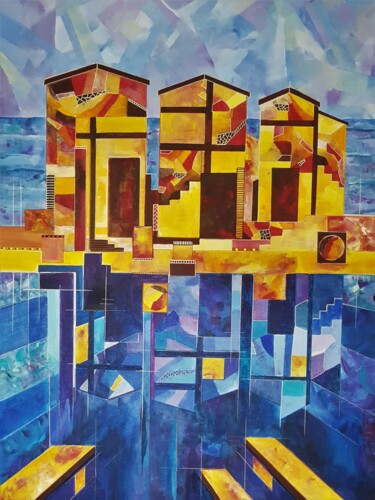 Pintura titulada "Reflets de cabanes" por Sophie Cottin, Obra de arte original, Acrílico Montado en Bastidor de camilla de m…