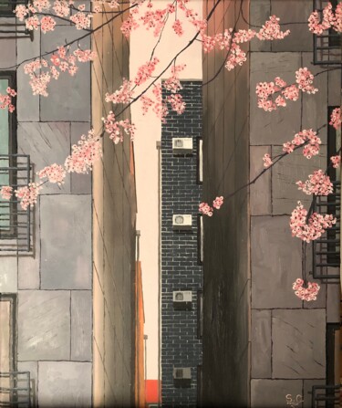 Pintura intitulada "Derrière le cerisier" por Sophie Cousineau, Obras de arte originais, Óleo