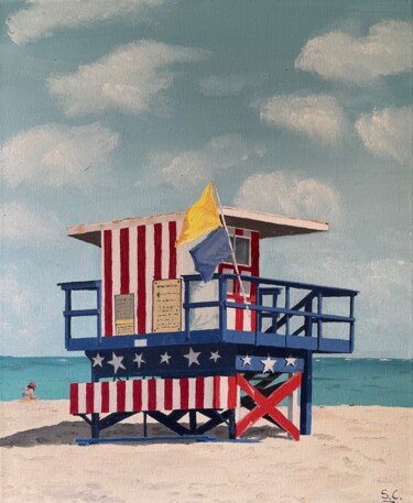 Картина под названием "Miami plage" - Sophie Cousineau, Подлинное произведение искусства, Масло Установлен на Деревянная рам…