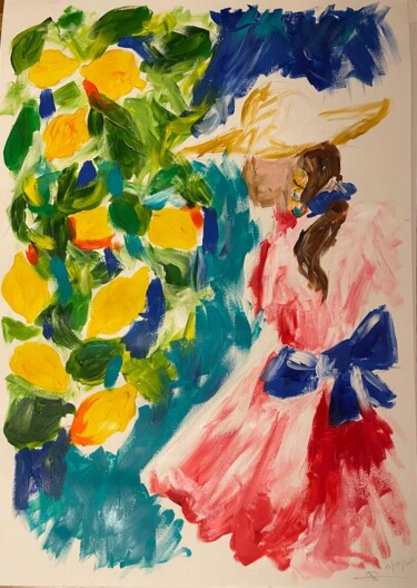 Pittura intitolato "Jeune femme aux cit…" da Sophie Debrade, Opera d'arte originale, Acrilico