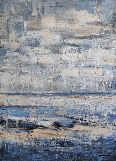 제목이 "falaises et plage"인 미술작품 Sophie Dumont로, 원작, 기름 나무 들것 프레임에 장착됨