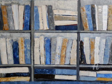 Schilderij getiteld "les livres bleus" door Sophie Dumont, Origineel Kunstwerk, Olie Gemonteerd op Frame voor houten brancard